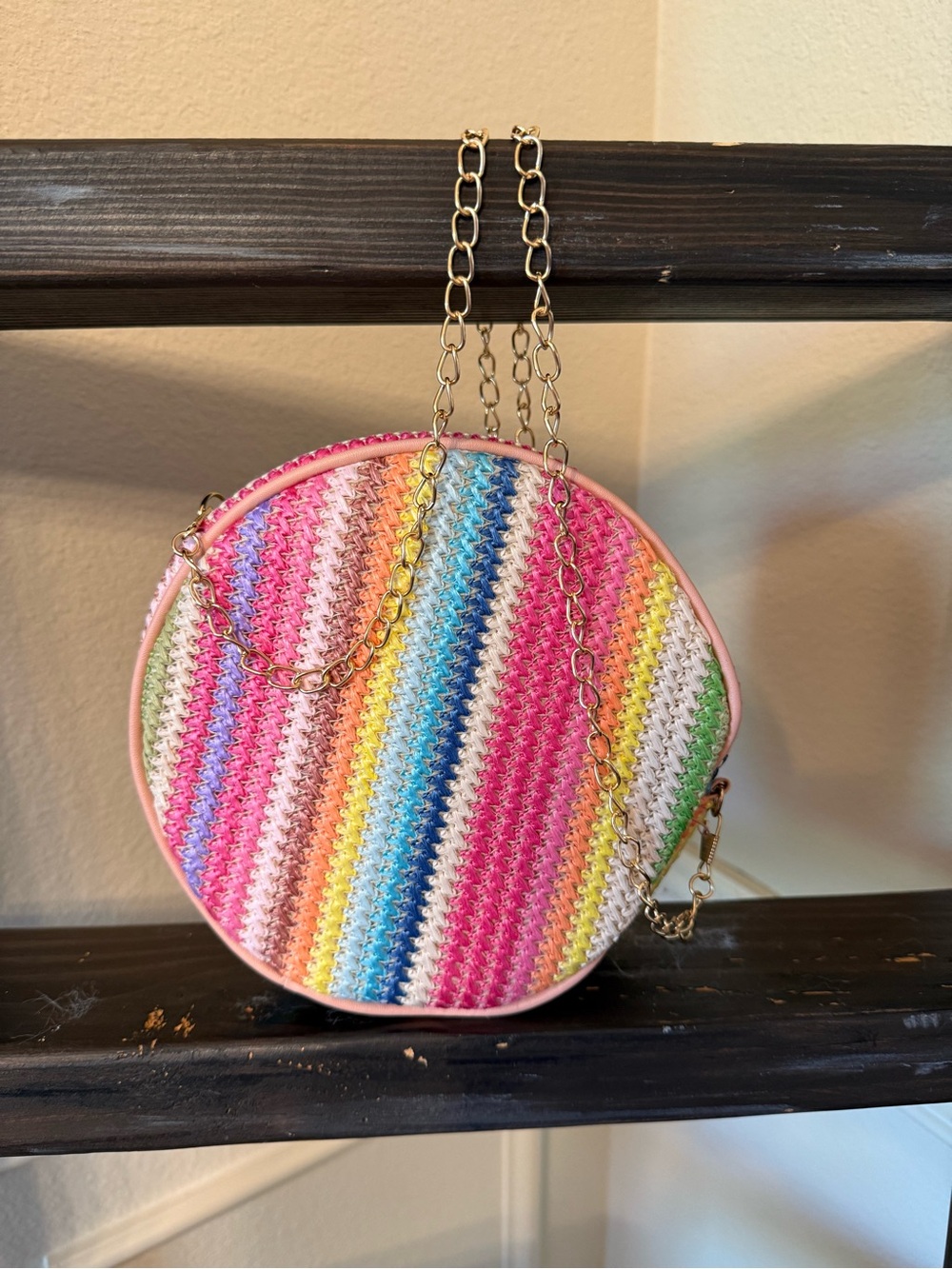 Round Multicolor Straw Crossbody Bag - Pink Trim